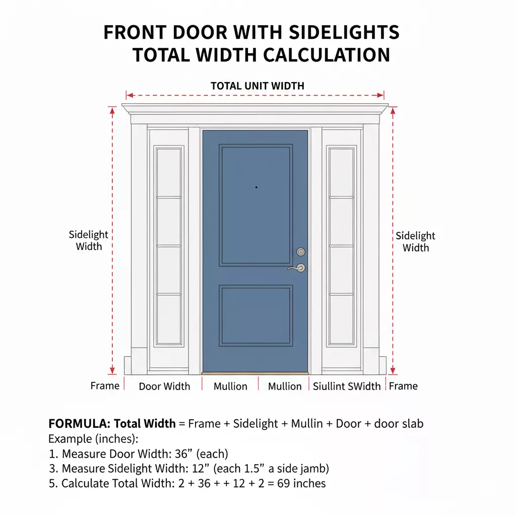 Tailles de portes d'entrée standard : dimensions, guide de mesure et choix de la porte idéale pour votre maison 2 Diagramme illustrant comment calculer la largeur totale d'une porte d'entrée avec fenêtres latérales, montrant les composants de la porte, des fenêtres latérales et du cadre