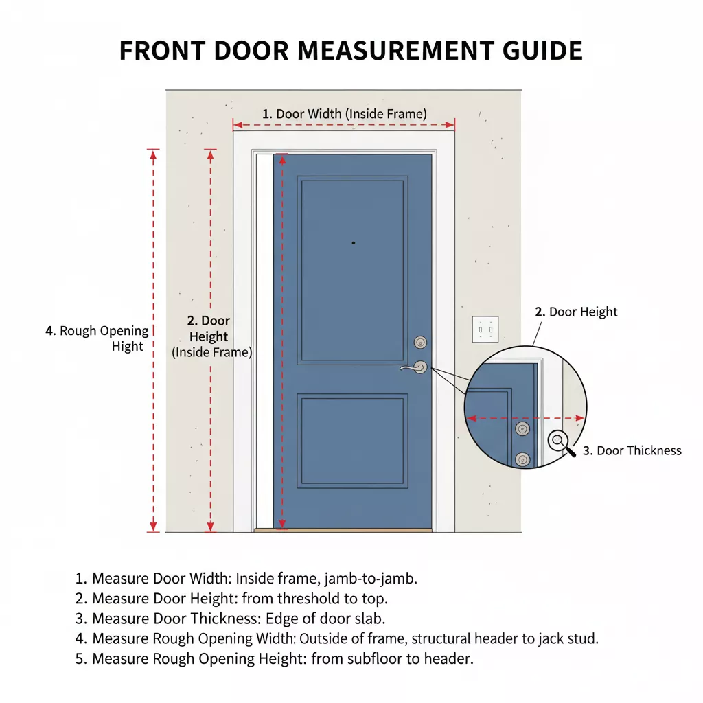 Tailles de portes d'entrée standard : dimensions, guide de mesure et choix de la porte idéale pour votre maison 1 Diagramme étiqueté montrant où mesurer la largeur, la hauteur, l'épaisseur et l'ouverture brute de la porte d'entrée avec des étapes numérotées