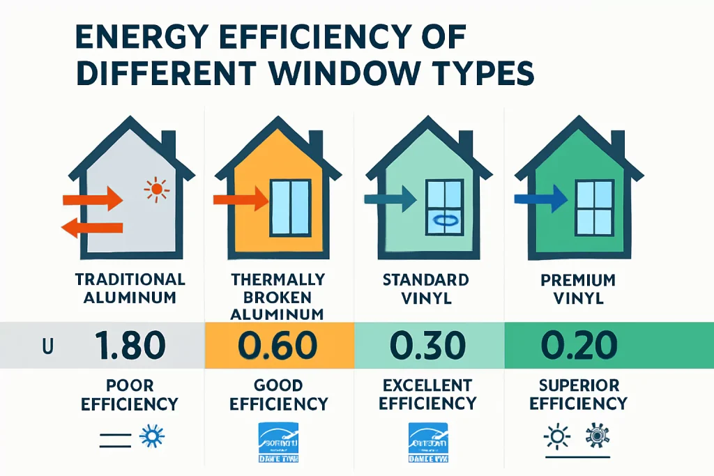 Janelas de alumínio vs. vinil: durabilidade, custo e desempenho 1 Infográfico de comparação de eficiência energética