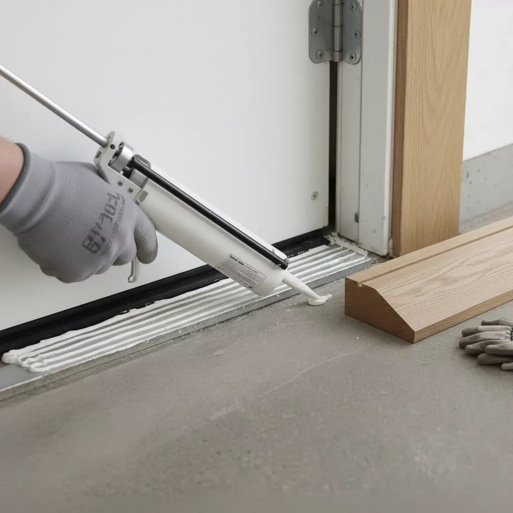 Come sostituire la soglia di una porta 5 Applicazione di perline di silicone sul davanzale prima di impostare la soglia.