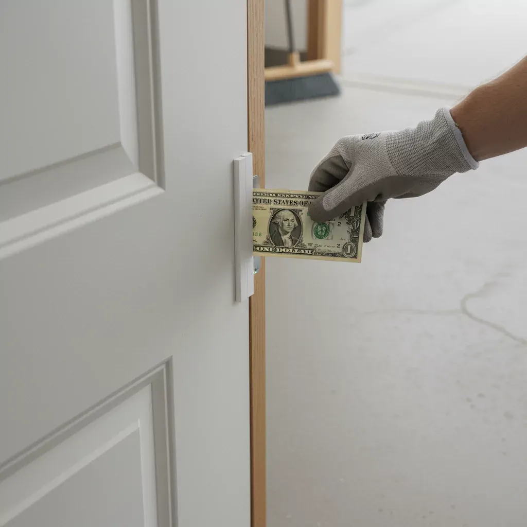 ドアのウェザーストリップの取り付け方法 1 ドアのラッチ側でドル紙幣テストを行い、空気の漏れを確認します。