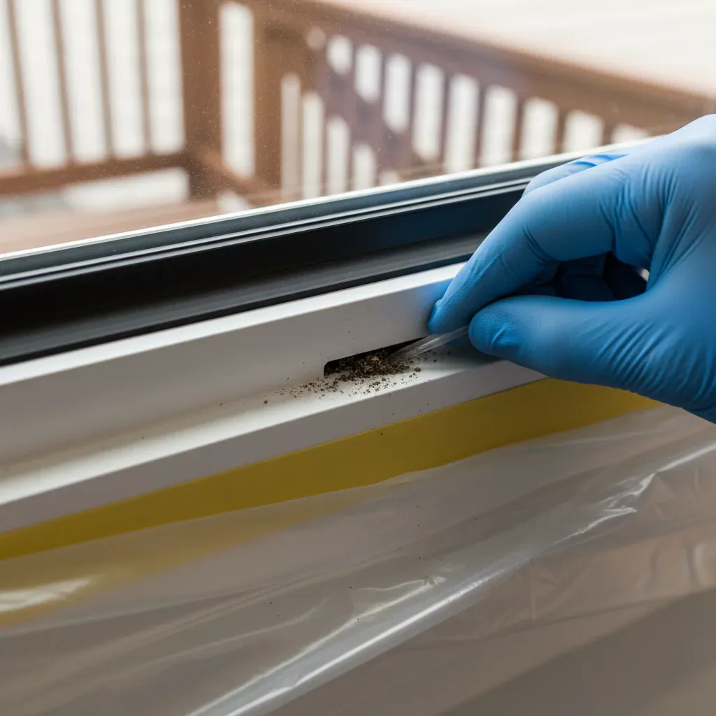 Reinigung und Pflege von Vinylfenstern 5 Reinigen eines Tropflochs in einem Vinylfenster mit einem Plastikspieß für eine ordnungsgemäße Entwässerung