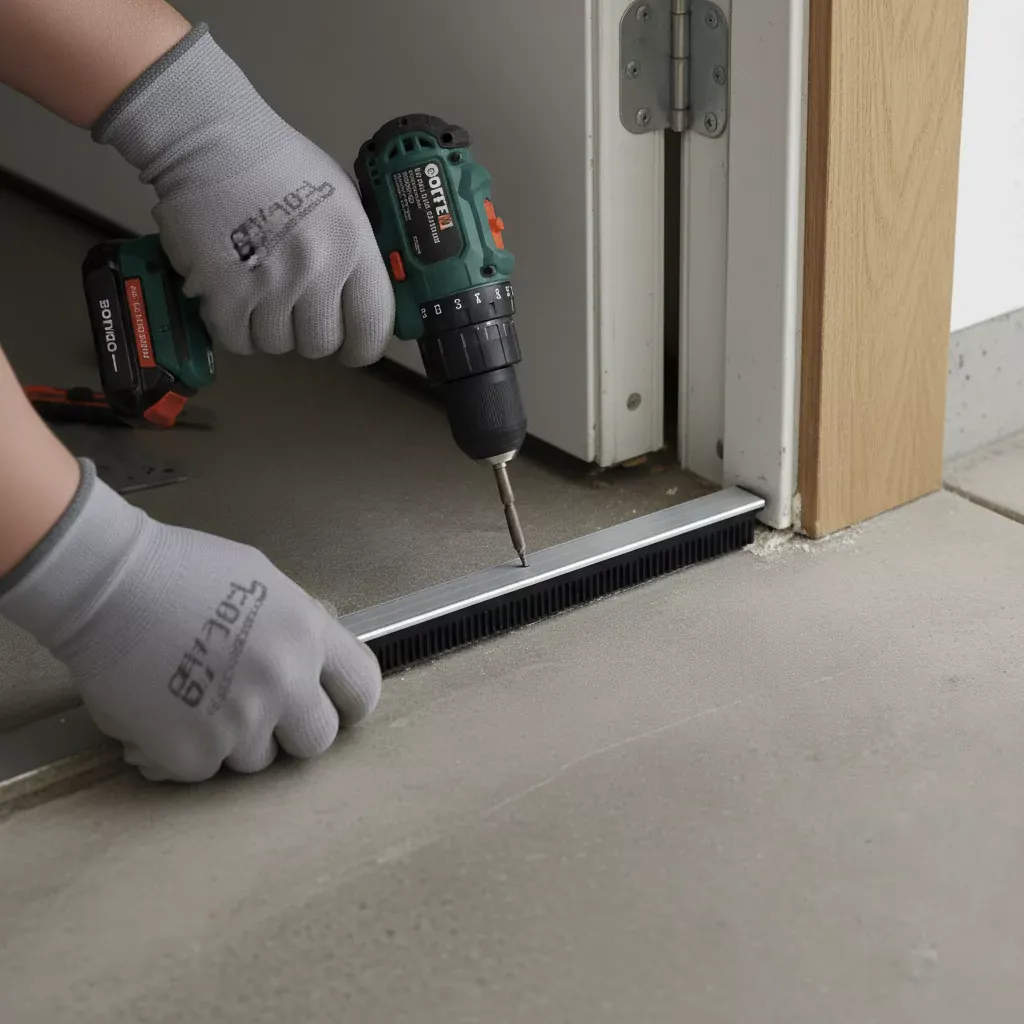 ドアのウェザーストリップの取り付け方法 5 ドアスイープを持ち、フィンが敷居にちょうど触れる位置で締める