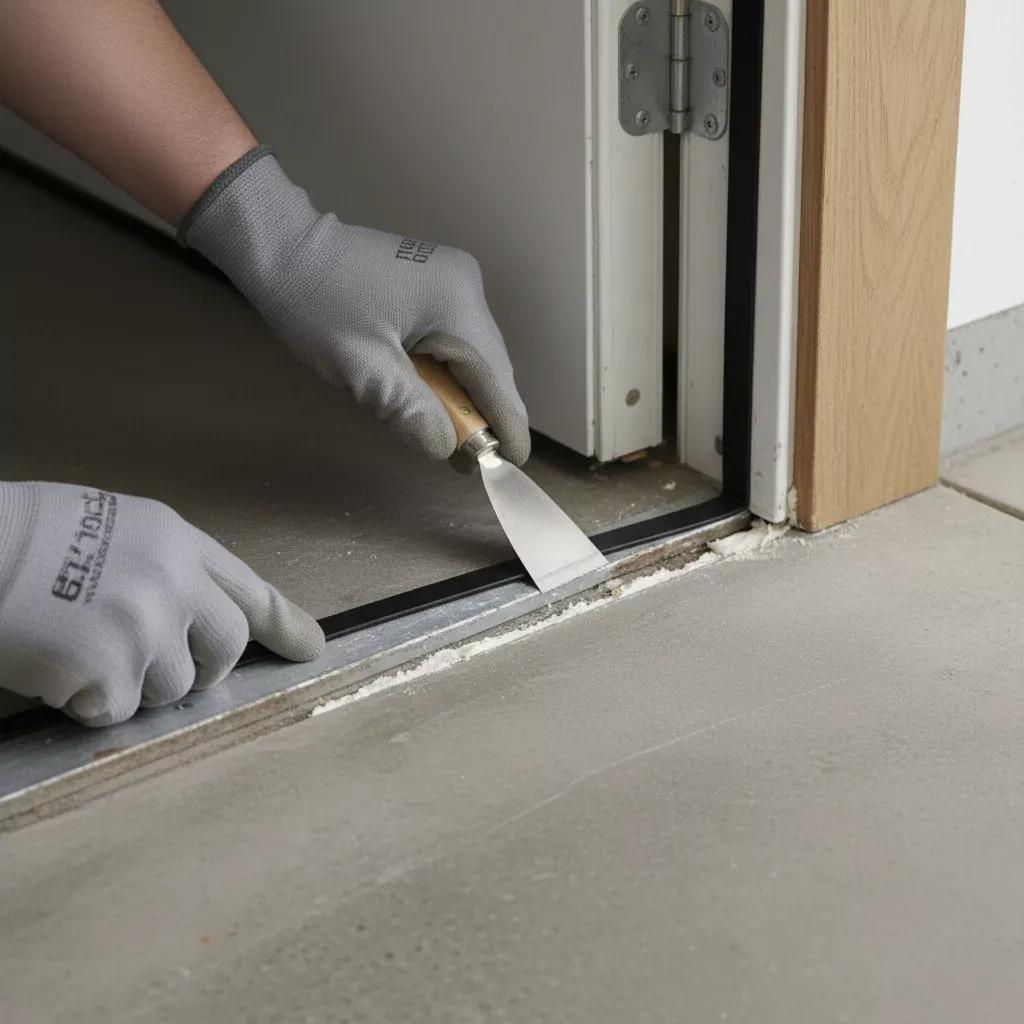 ドアのウェザーストリップの取り付け方法 4 パテナイフで溝の隙間を埋めるウェザーストリップを押し込む