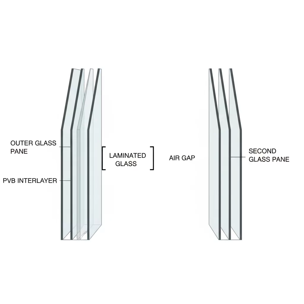 Cross-section of laminated glass with PVB interlayer and air gap