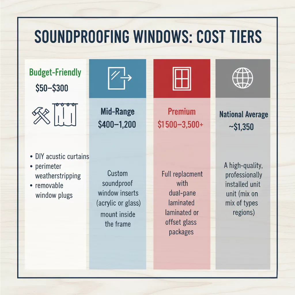 Cost tiers for soundproofing windows: DIY, inserts, and replacements with price ranges