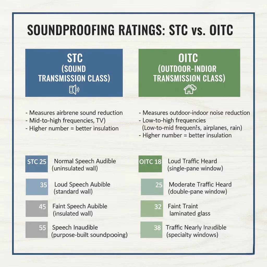 Diagram explaining STC vs OITC and what different ratings mean in everyday noise