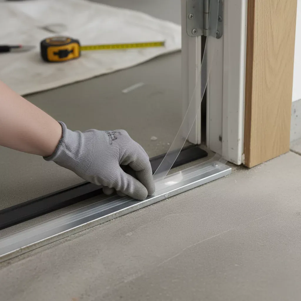 ドアのウェザーストリップの取り付け方法3 ドアストッパーに沿ってV字型ストリップを配置し、V字型ストリップはドアの端に向かって開いたV字型になる