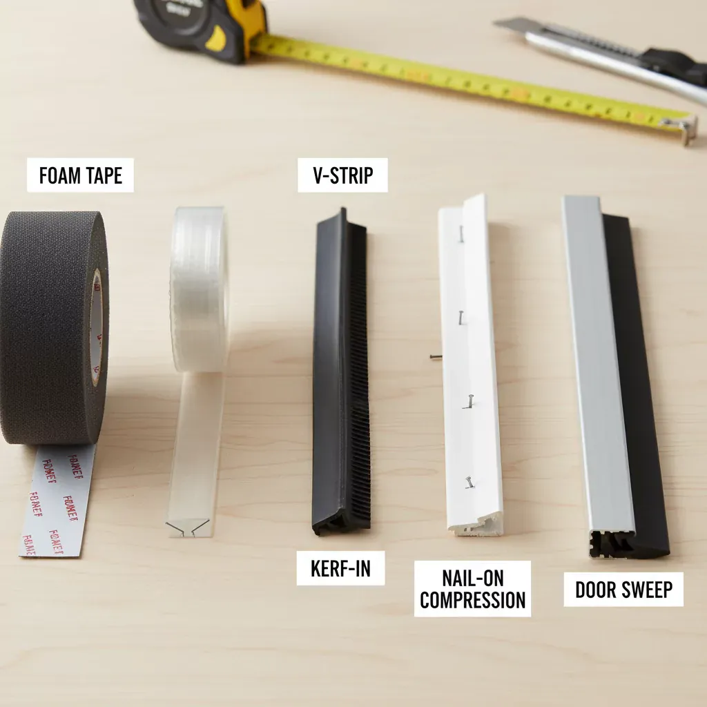 ドアのウェザーストリップの取り付け方法 2 フォームテープ、Vストリップ、カーフイン、釘打ち圧縮、ドアスイープをラベルとともに配置