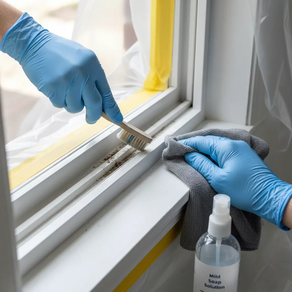 Reinigung und Pflege von Vinylfenstern 3 Verwenden einer Zahnbürste zum Schrubben von Schmutz aus einer Vinyl-Fensterschiene