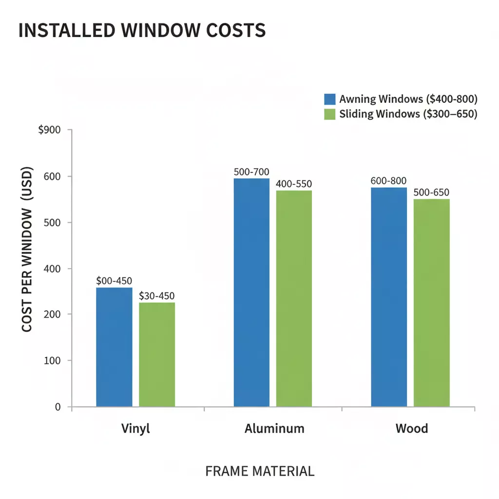 Staafdiagram waarin de installatiekosten van uitzetramen ($400-$800) worden vergeleken met de kosten van schuiframen ($300-$650) op basis van het framemateriaal