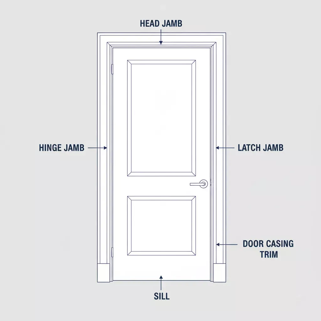 Gelabeld diagram dat de volledige montage van het deurkozijn laat zien met de kopstijl bovenaan, twee zijstijlen (scharnierstijl en dagschootstijl), dorpel onderaan en deurkozijnbekleding rondom de omtrek