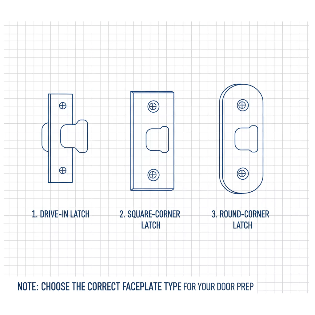 Drive-in vs square-corner vs round-corner faceplate latches aligned for comparison