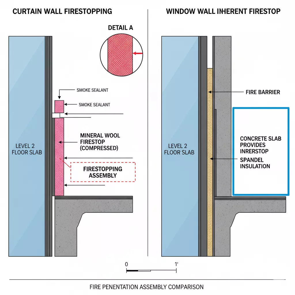 Diagram dat de brandwerende constructie van een vliesgevel met minerale wol en rookafdichting laat zien, vergeleken met een inherente brandwerende plaat in een raamwand.