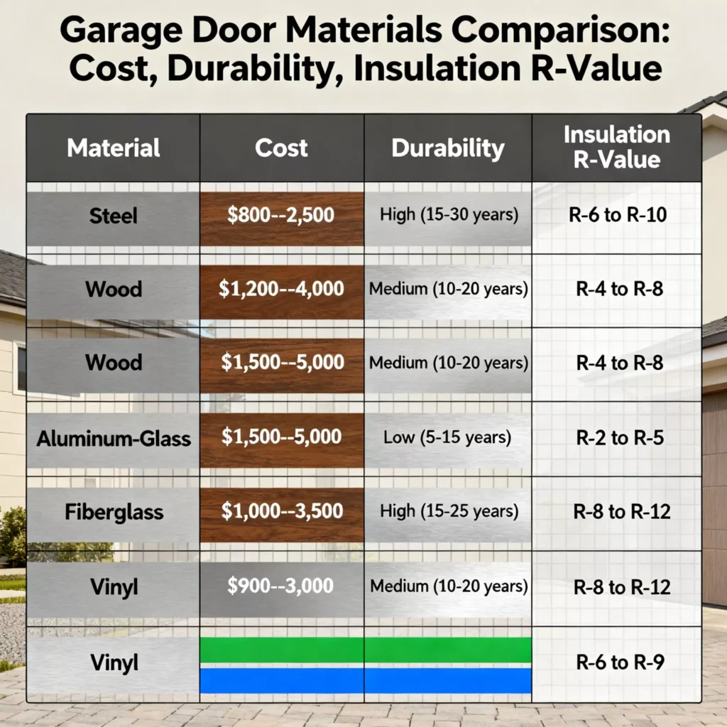How Much Does a Garage Door Replacement Cost? (2025 Price Guide) 1 Bar chart comparing garage door material costs, durability, and R-values for steel, wood, aluminum-glass, fiberglass, and vinyl