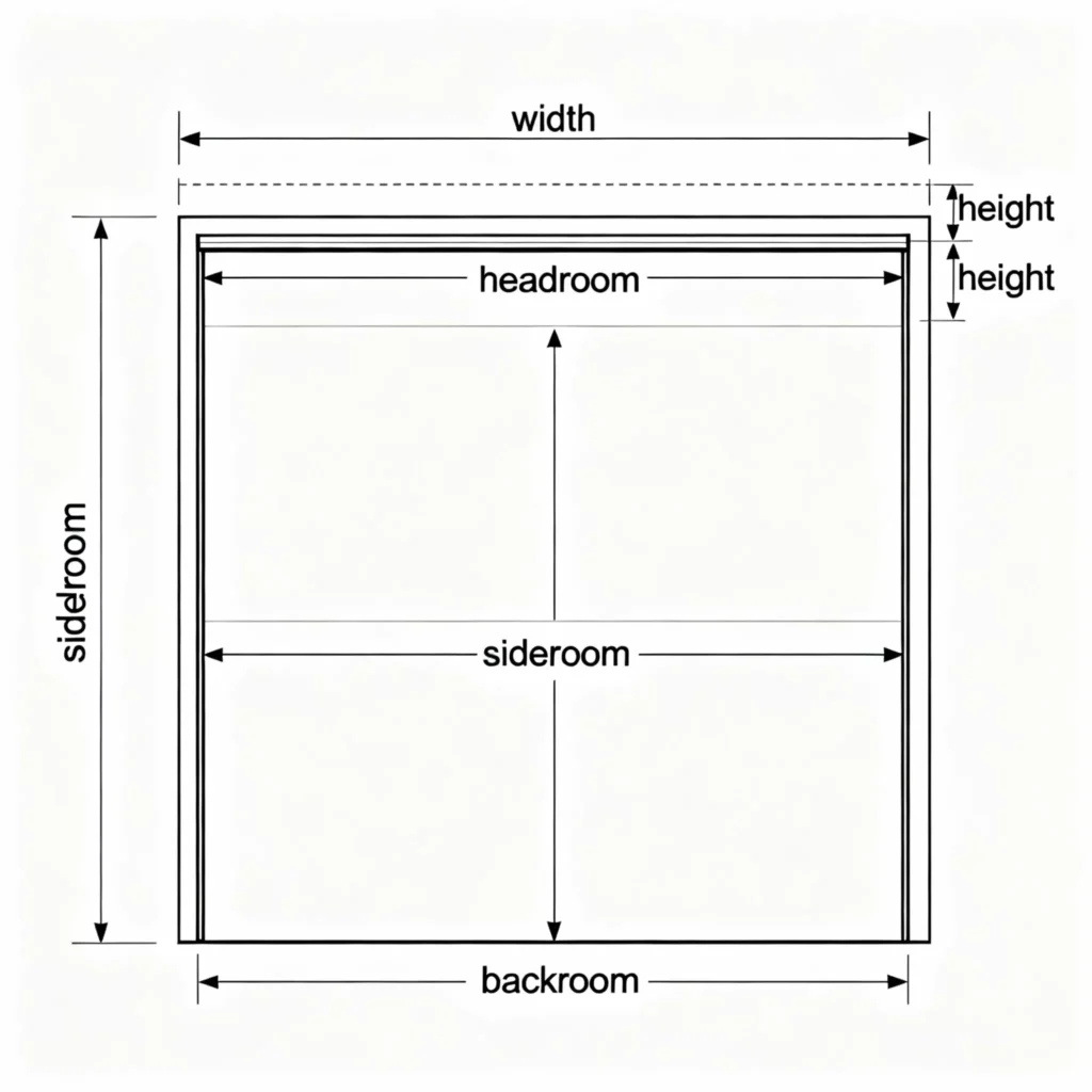 Gelabeld diagram van garageopening met meetpunten voor breedte, hoogte, hoofdruimte, zijruimte en achterruimte met maatlijnen