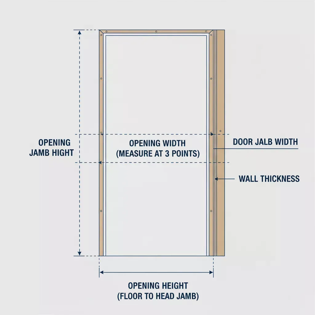 Diagram dat laat zien hoe u de breedte van de deurpost (wanddikte), de openingsbreedte op drie punten en de openingshoogte van de vloer tot de bovenpost kunt meten
