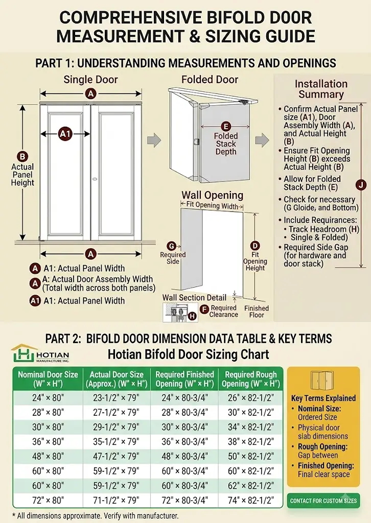 Bifold Door Sizes: The Complete Sizing Chart & How to Measure Guide 1 Comprehensive bifold door sizing chart showing nominal, actual, finished, and rough opening dimensions for common widths/heights