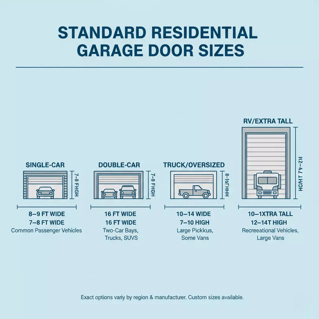 Infographic met standaardafmetingen voor garagedeuren voor één auto, twee auto's, vrachtwagens en campers.