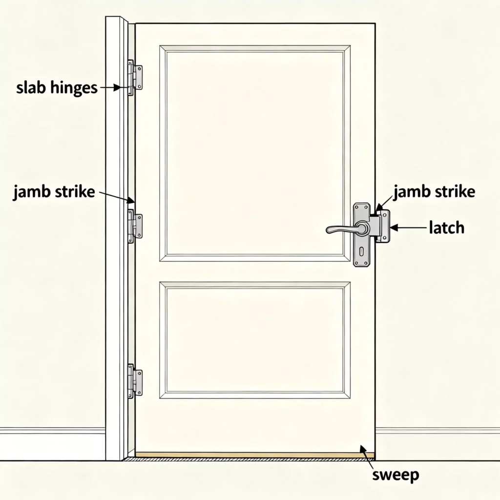 Gelabeld diagram van een draaideur met plaat, scharnieren, kozijn, sluitplaat, grendel en deurpost