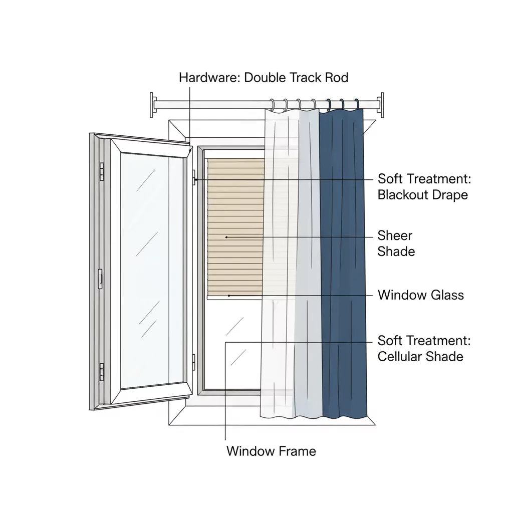 Layered window diagram showing frame, hard treatment, soft treatment, and hardware with callouts