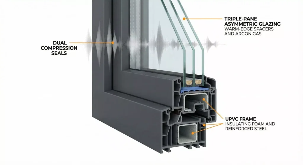 مقطع عرضي لنافذة عازلة للصوت ذات جودة STC عالية، يظهر إطارها المتقدم وميزات الزجاج الخاصة بها.