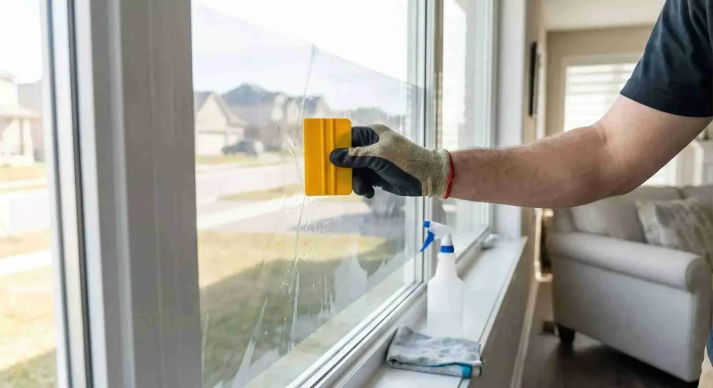 Apply a self adhesive acoustic film to the interior surface of the window glass scaled