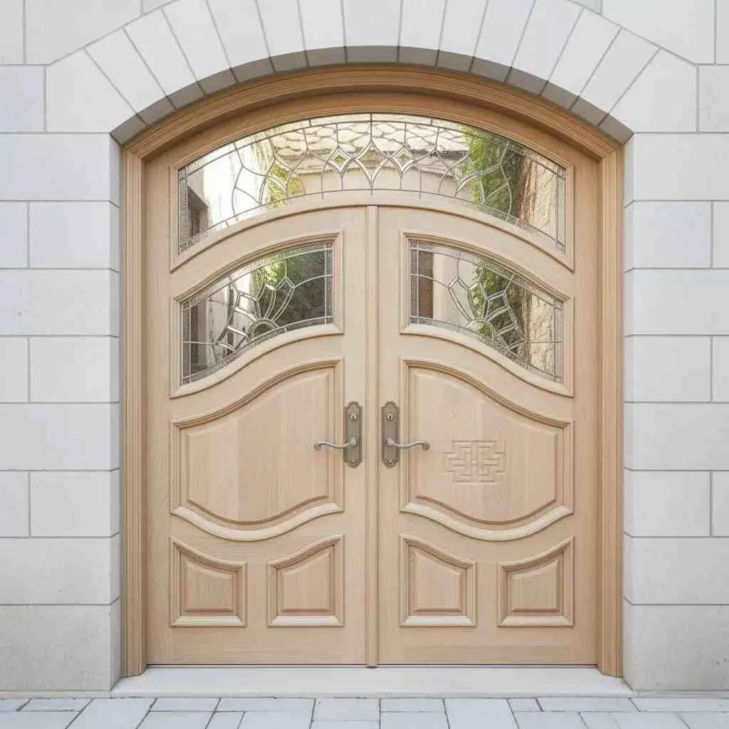 Classic solid wood double entry door with arched top