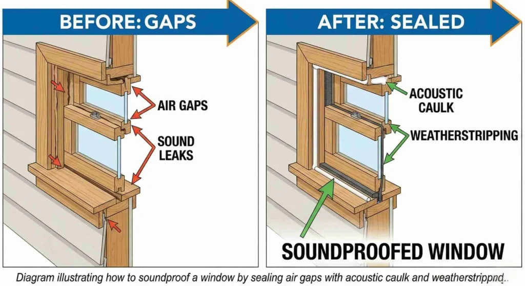 how to soundproof a window by sealing air gaps with acoustic caulk and weatherstripping scaled