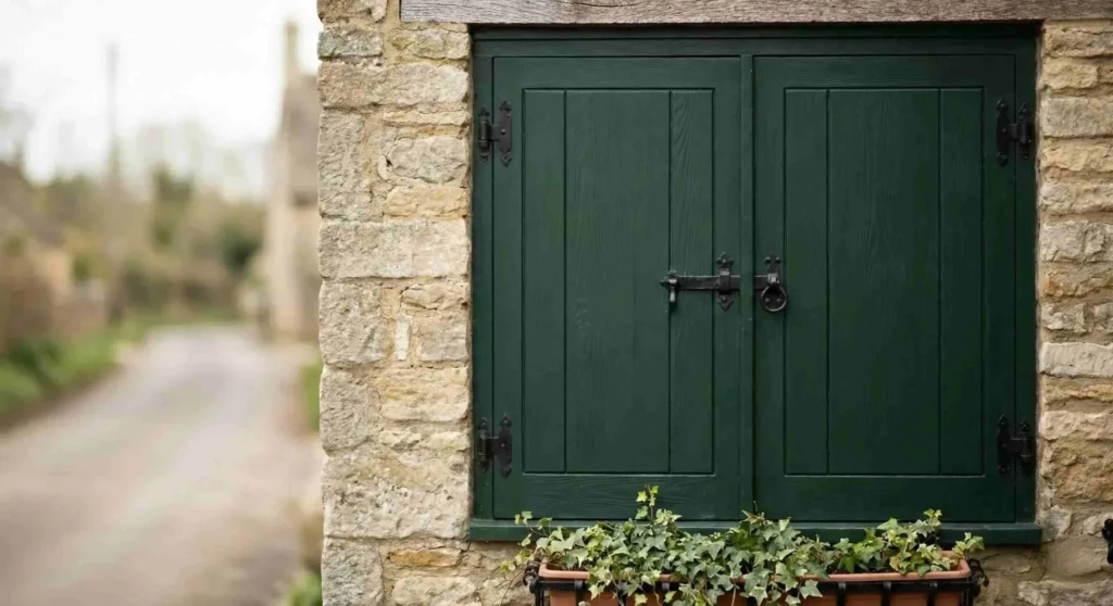 Solid wood exterior shutters shown closed over a window scaled