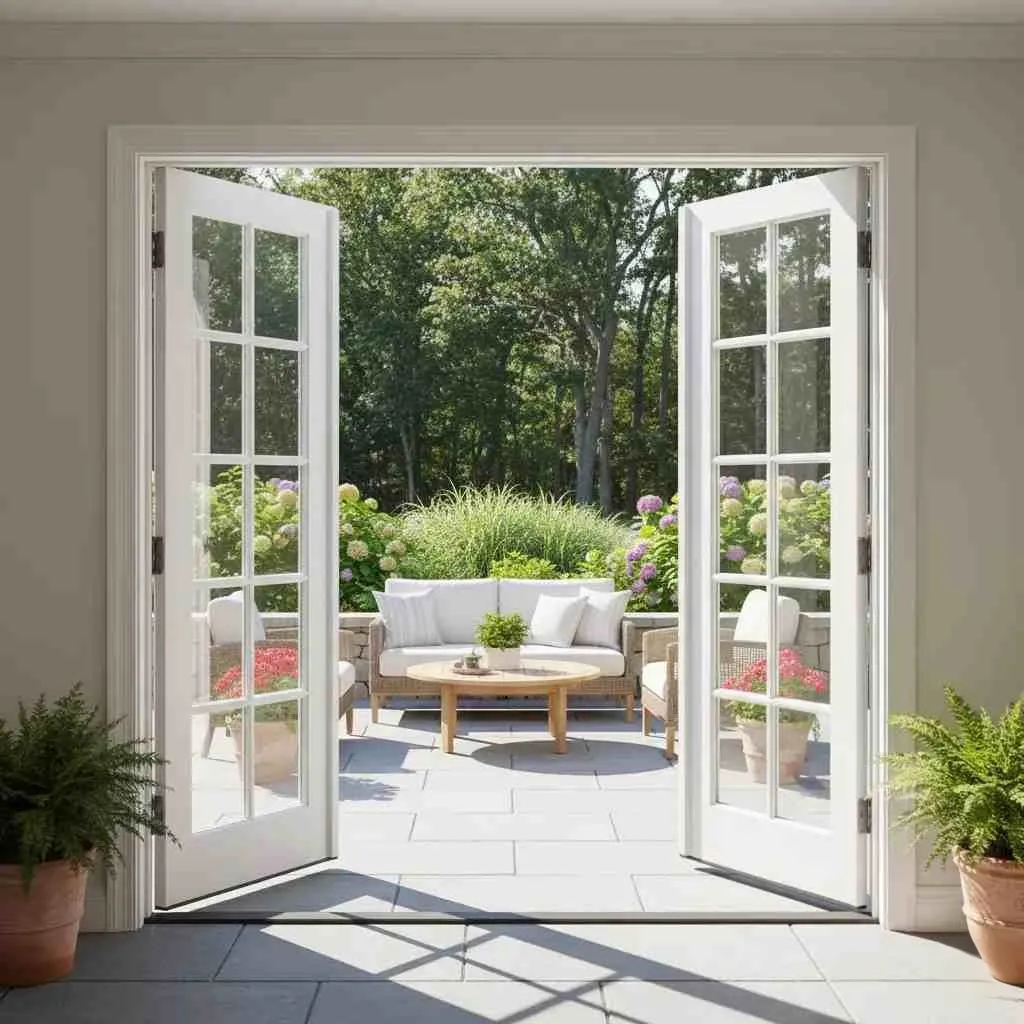 White French double doors with 12 lite glass design opening onto a patio