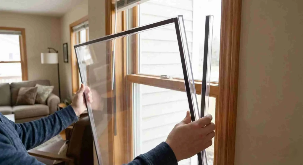 clear acrylic window insert being placed into the interior of a window frame scaled
