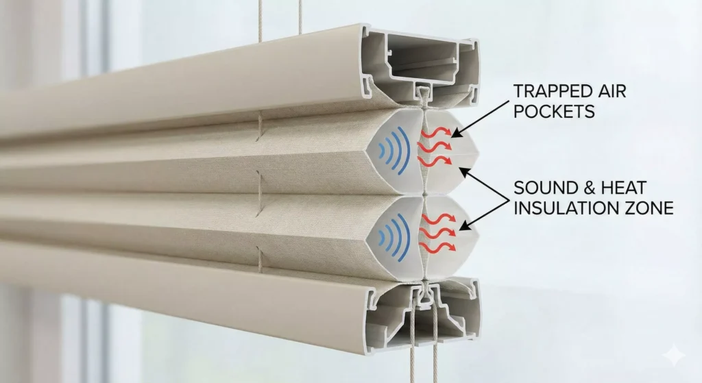رسم تخطيطي لمظلة قرص العسل ذات الخلايا المزدوجة، يوضح كيف تحبس الخلايا الهواء لتوفير عزل صوتي وحراري