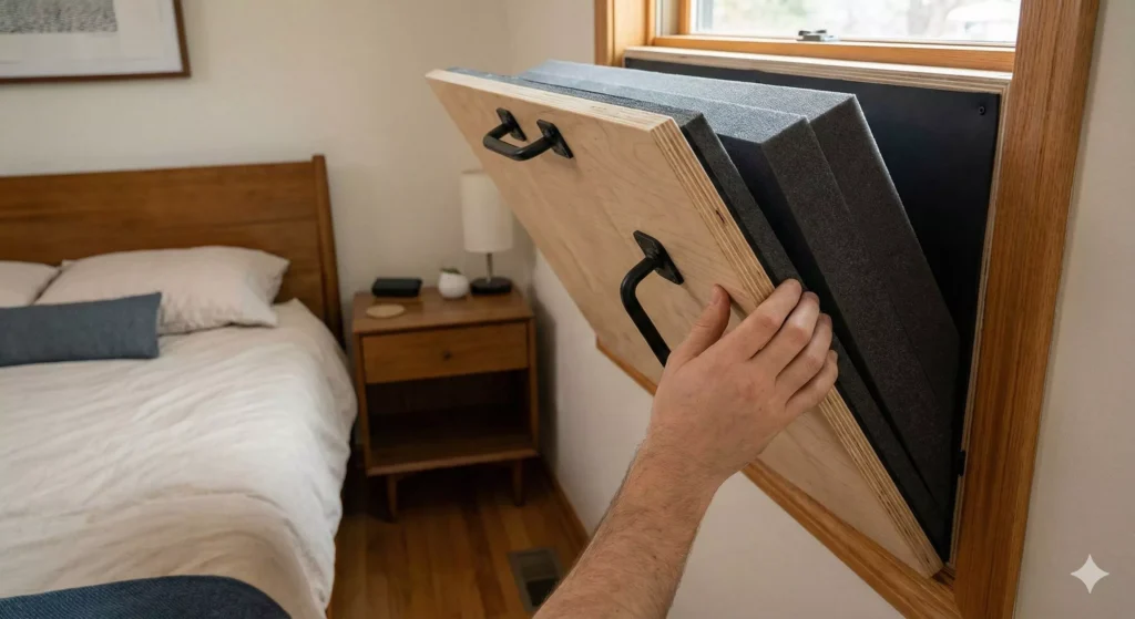 سدادة نافذة عازلة للصوت مصممة خصيصًا مصنوعة من الخشب والرغوة وMLV تُستخدم لمنع الضوء والضوضاء