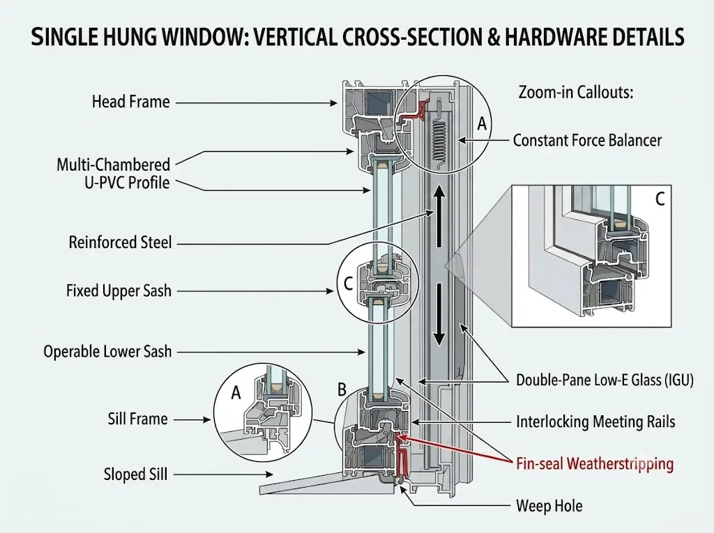 single hung window vertical cross section and hardware details