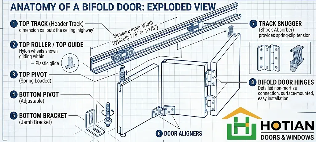 The Ultimate Guide to Folding Door Parts: Identification, Repair & Sourcing 1 bifold door parts including top track, top roller, top pivot, bottom pivot, bottom bracket, door aligners,track snugger, bofold door hinges